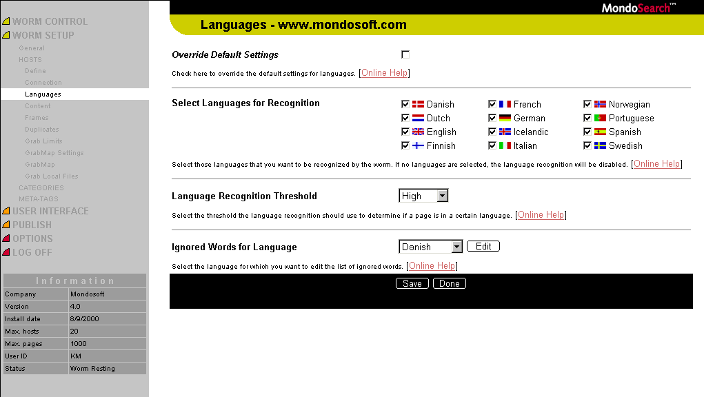 MondoSearch Language Detection Administration